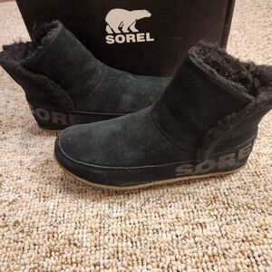Sorel Nakiska Bootie | Black Sage Suede, Faux Fur Trim | Women's Size 6.5